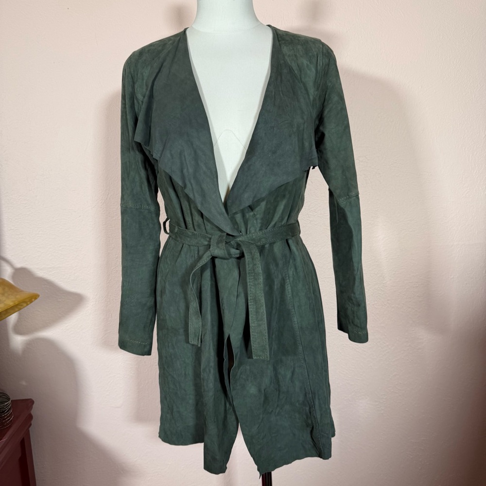 Vintage Olive Green Suede Leather European belted wrap blazer jacket size large